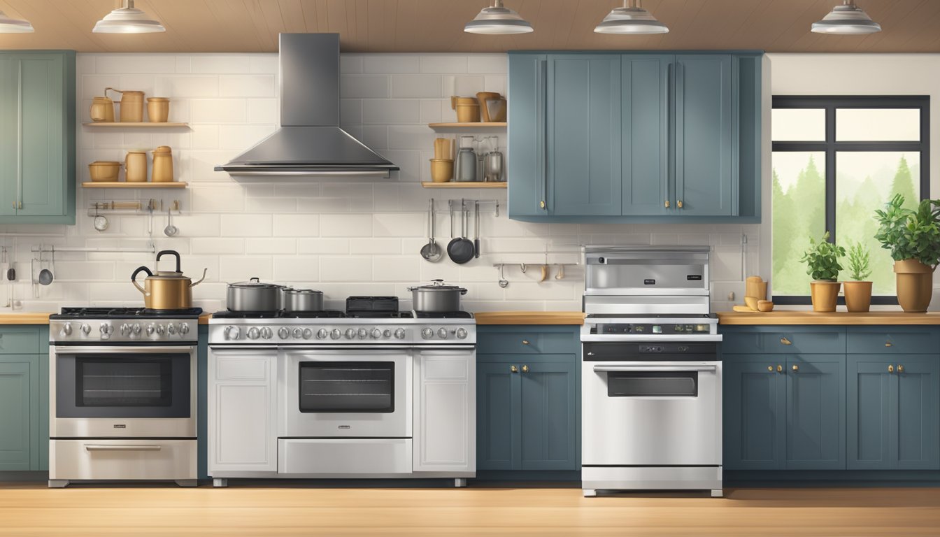 Various gas stove brands displayed with FAQ signage. Bright, clean kitchen setting with modern appliances