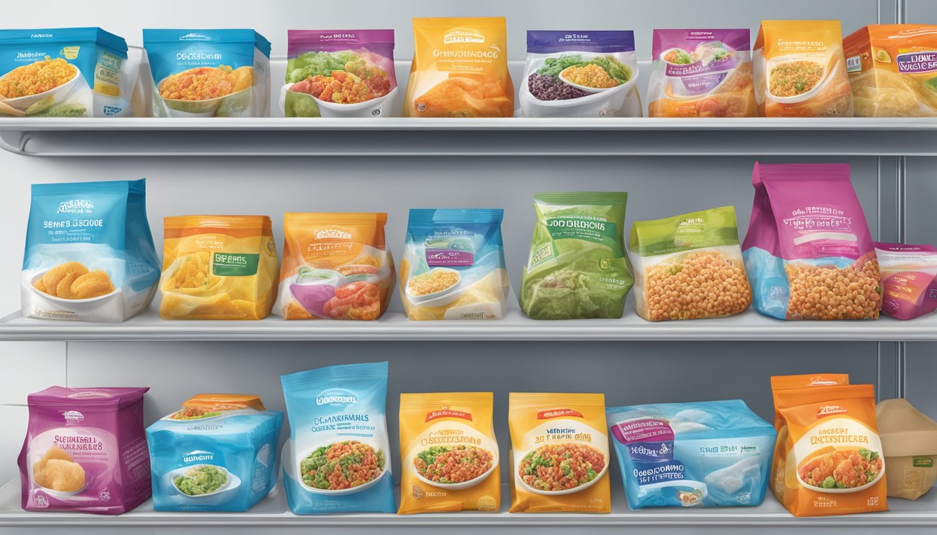 A freezer shelf filled with colorful frozen meal packages, each displaying their brand logo and enticing food photography