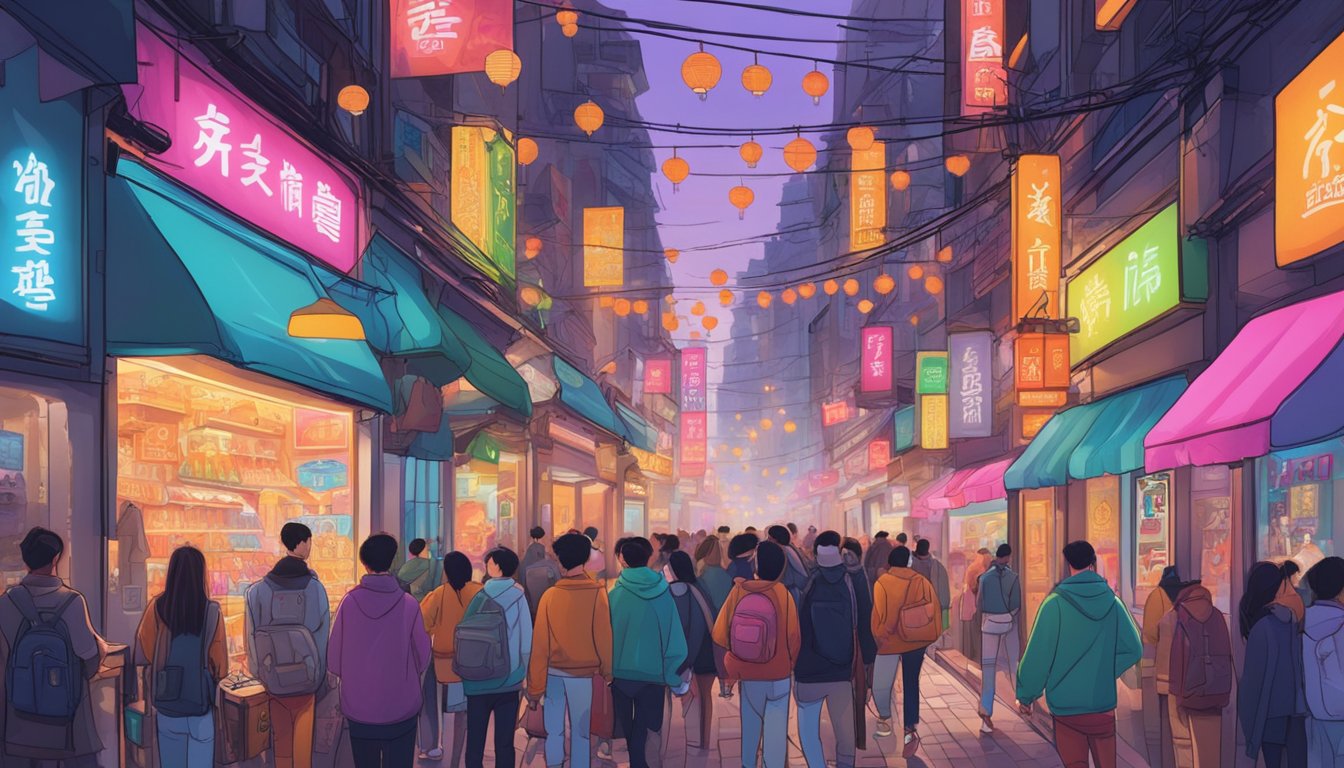 Vibrant streetwear shops line a bustling Chinese street, with bold logos and colorful designs on display. Pedestrians weave through the crowded sidewalk, while neon signs illuminate the scene