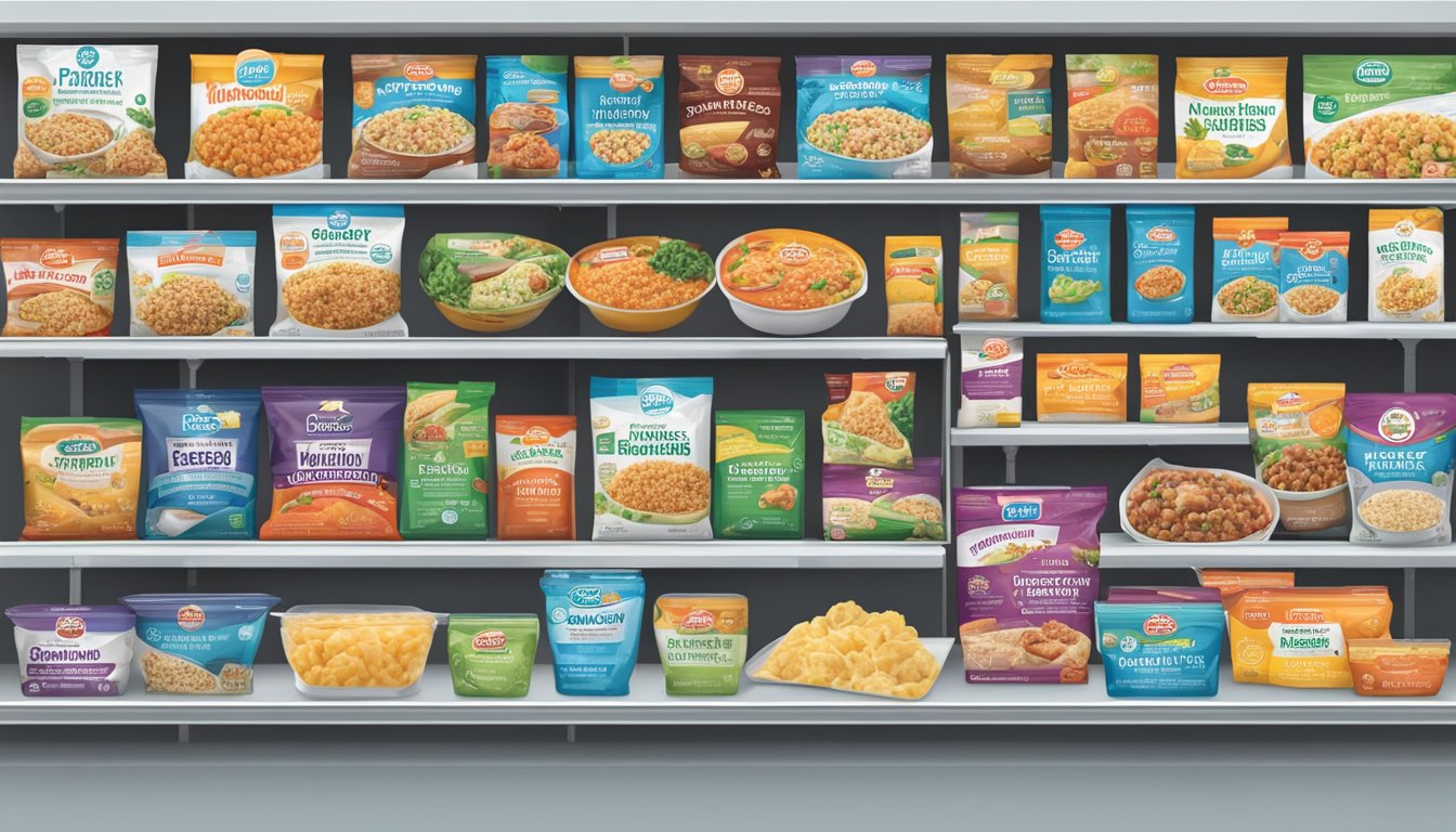 A variety of frozen meal brands are displayed on shelves, featuring colorful packaging and labels highlighting their health and nutrition benefits