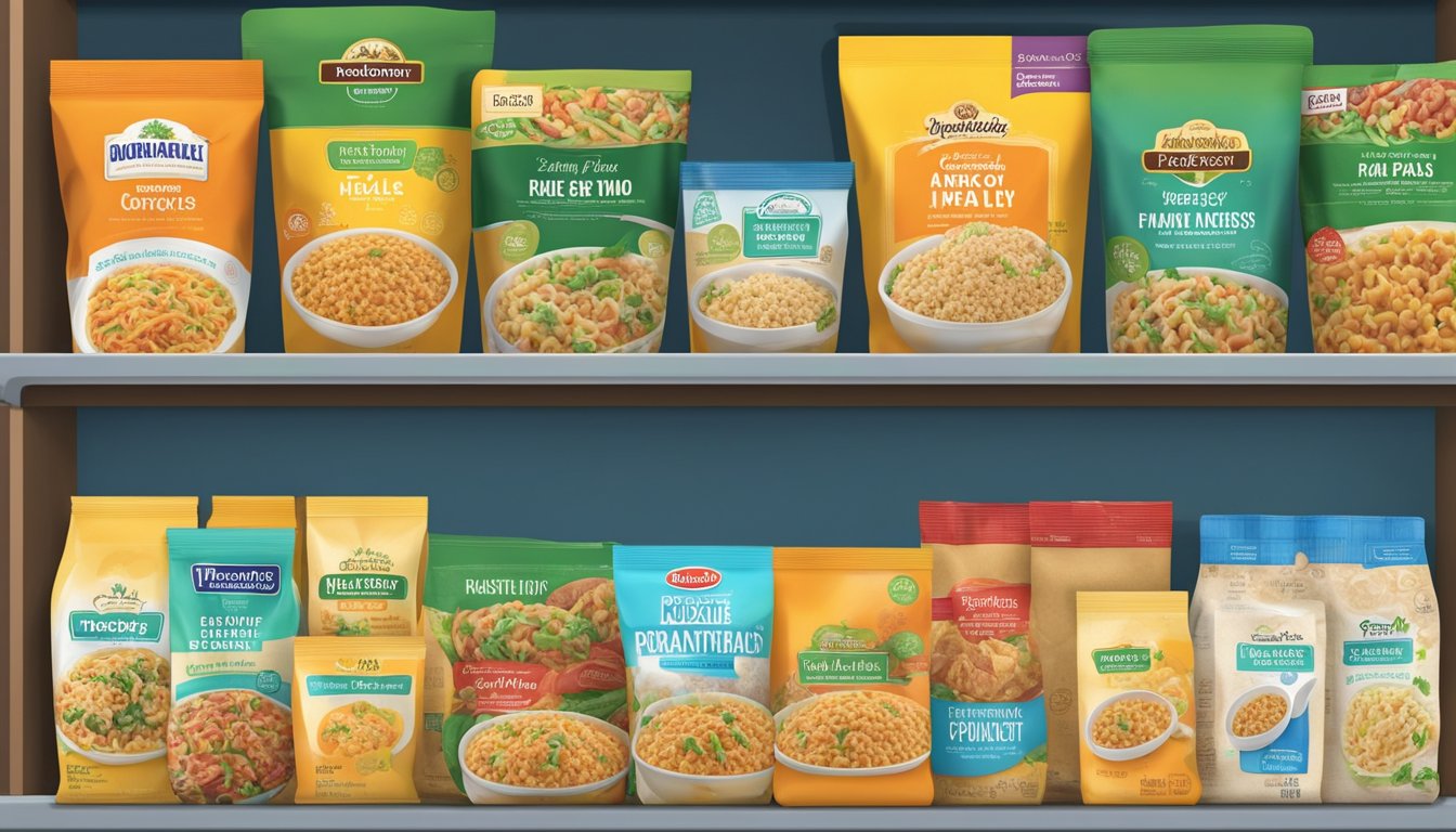 A variety of frozen meal brands displayed on a supermarket shelf. Different types of meals, such as pasta, stir-fry, and entrees, are neatly arranged and labeled with colorful packaging