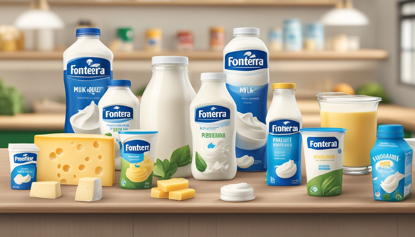 A table displays various Fonterra brand products, including milk, cheese, and yogurt, with the company logo prominently featured