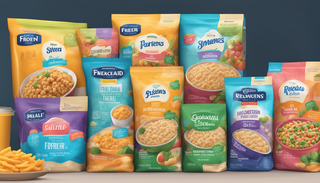 Various frozen meal brands lined up on a grocery store shelf, featuring colorful packaging and enticing food photography