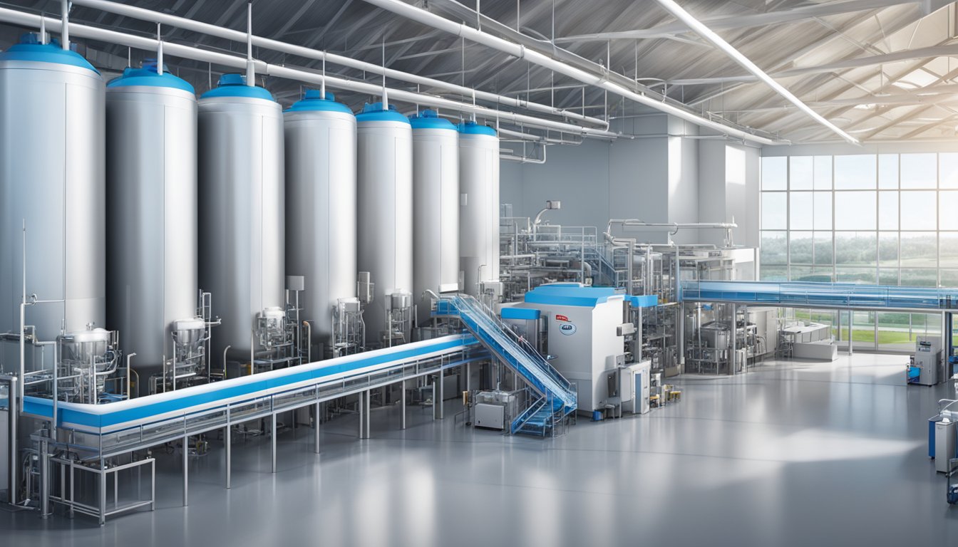 A modern, sleek factory with cutting-edge technology producing high-quality Fonterra dairy products