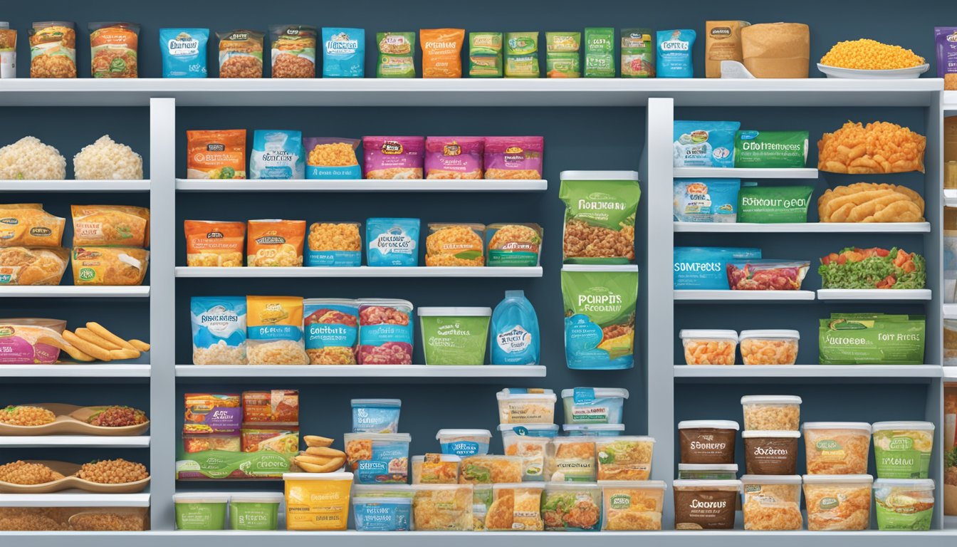 A display of frozen meal brands with "Frequently Asked Questions" signage. Various packaging and logos are visible on shelves