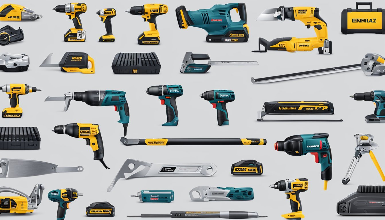 A display of leading German hardware brands, showcasing tools and equipment with prominent logos and sleek designs