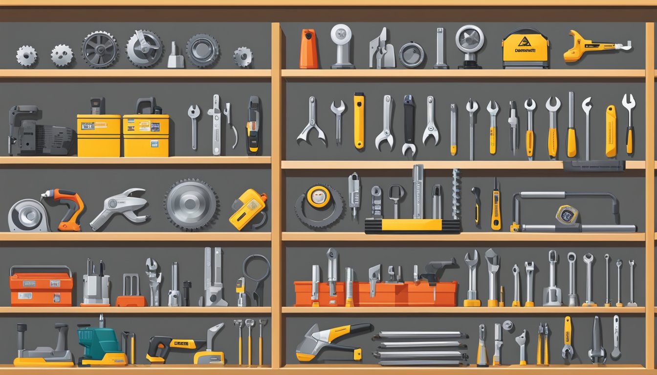 Various German hardware products displayed in a well-organized store. Tools, machinery, and equipment are neatly categorized for easy browsing