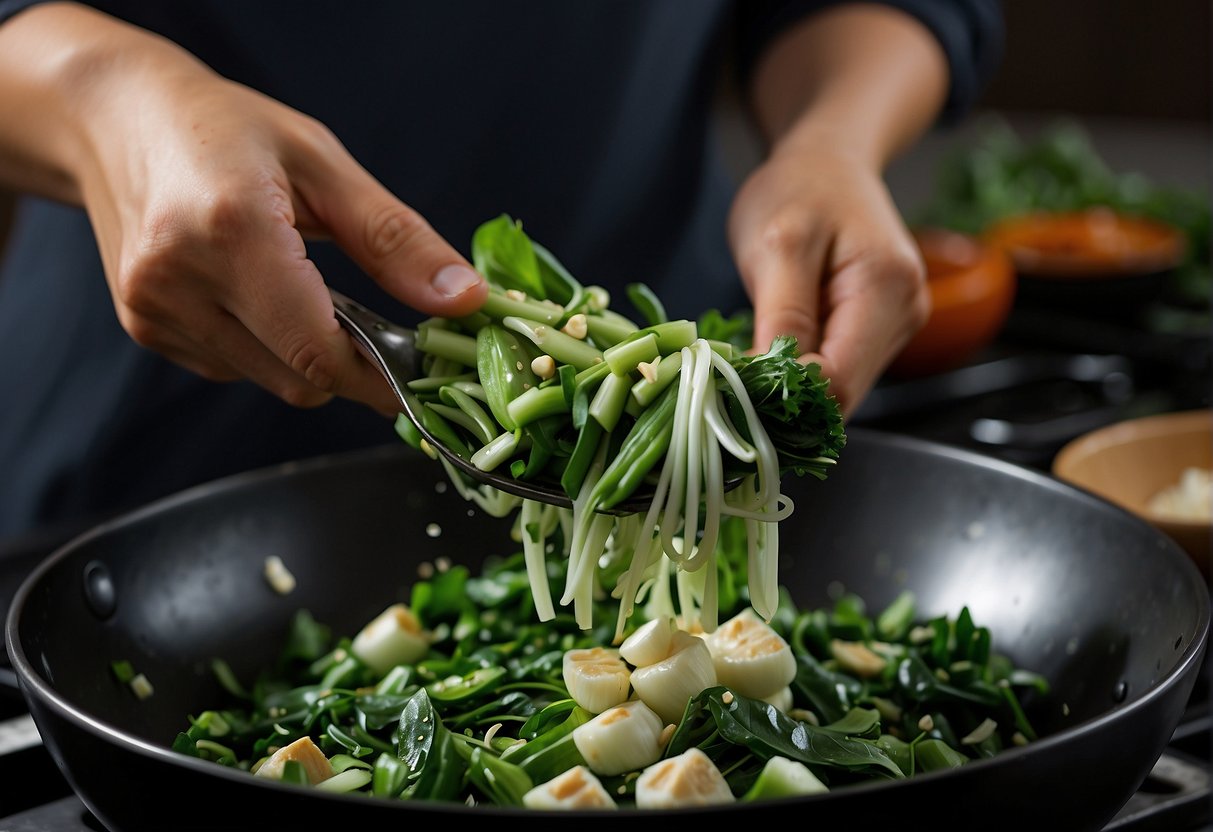 Fresh choy sum being washed and chopped. Garlic and ginger sizzling in a wok. Soy sauce being drizzled over the stir-fried greens