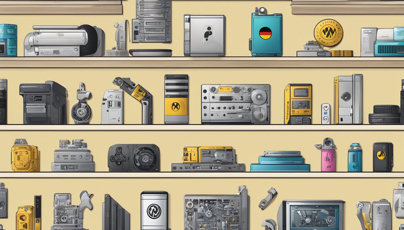 A shelf with various German hardware brand logos displayed, surrounded by question marks and a crowd of curious customers