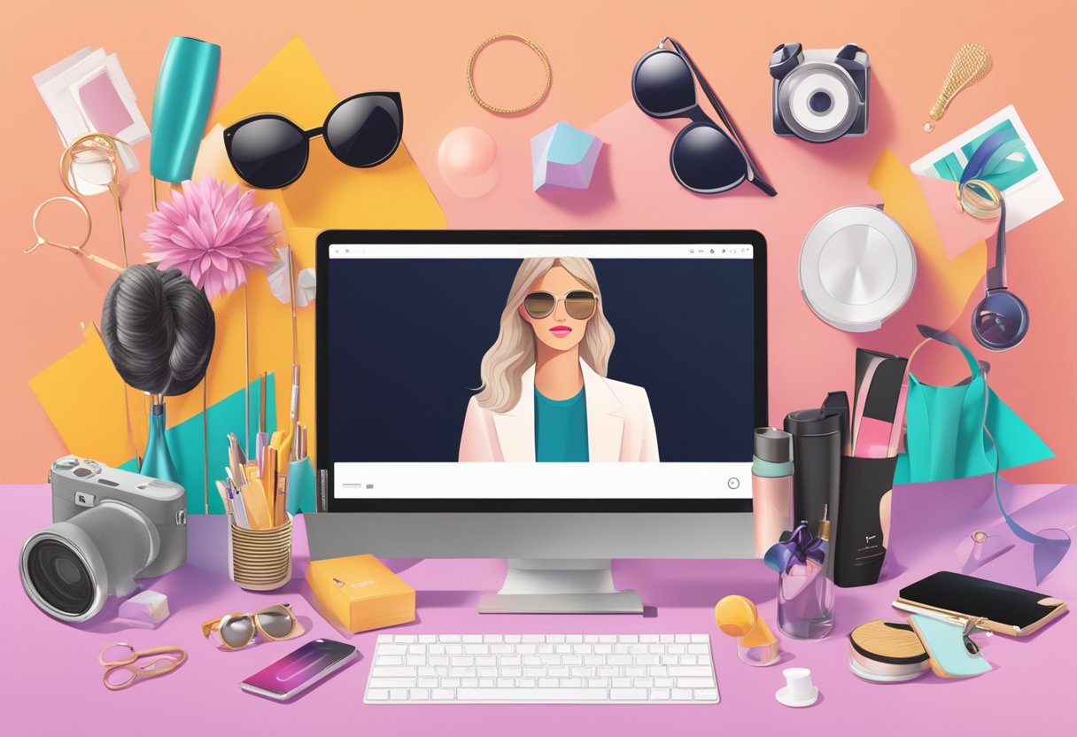 A stylish woman's biography and background displayed on a computer screen, surrounded by fashion accessories and a TikTok logo