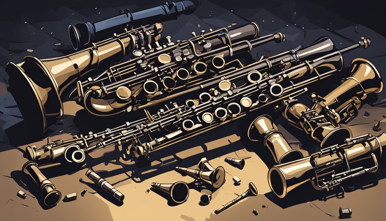 A pile of broken, cheaply made clarinets lies discarded in a dimly lit corner, their tarnished keys and cracked bodies warning of their inferior quality