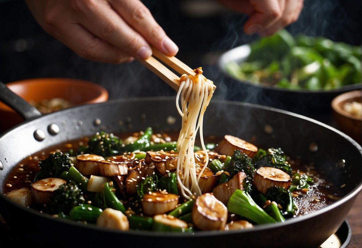 A wok sizzles with garlic and ginger as choy sum is stir-fried in soy sauce and sesame oil, creating a savory aroma