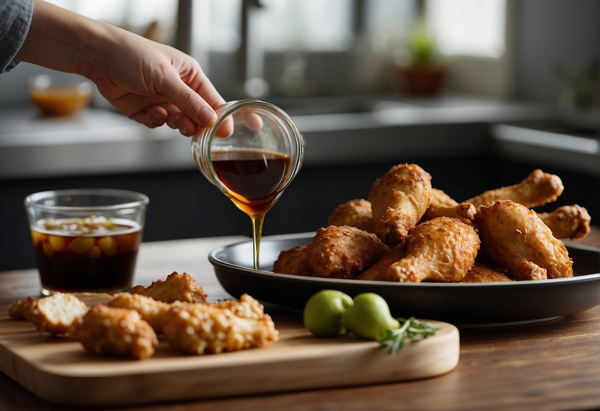 A hand reaches for ginger, garlic, and soy sauce on a kitchen counter, next to a tray of chicken drumsticks