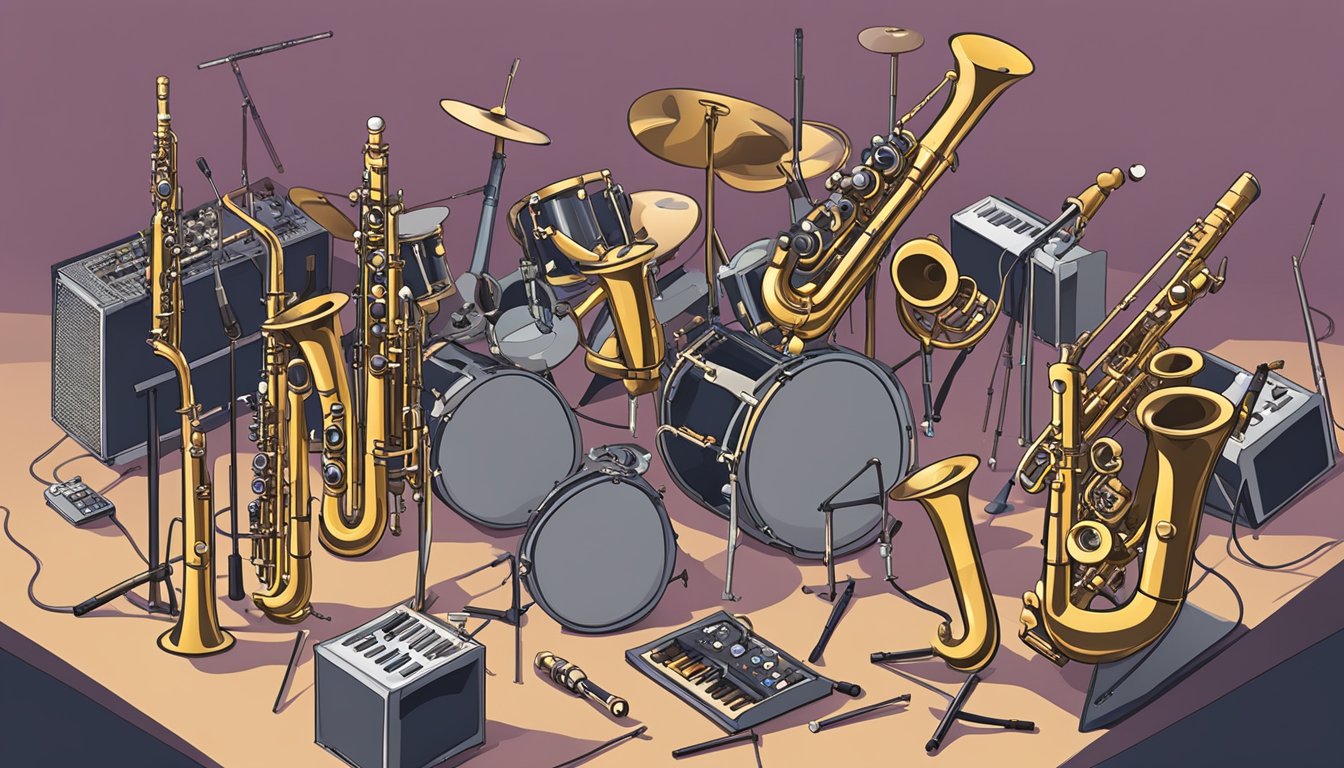 A cluttered stage with various clarinet brands scattered around, some broken and dusty, while others appear shiny and well-maintained