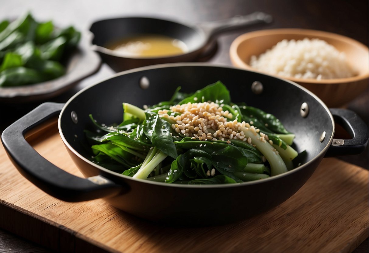 Fresh choy sum, garlic, oyster sauce, and sesame oil on a wooden cutting board. A wok sizzles with the stir-frying process