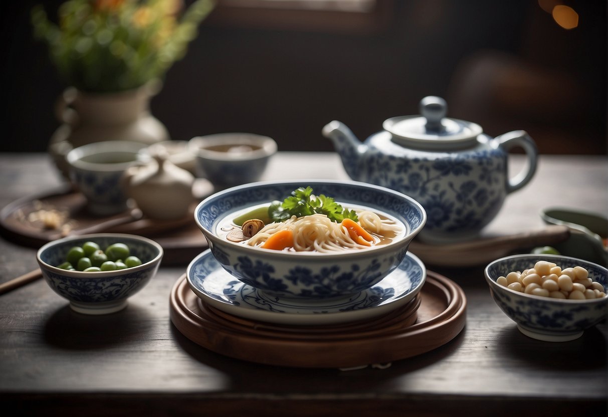 A table set with traditional Chinese dishes, including a steaming bowl of Christine's recipe. Chopsticks rest next to a decorative teapot and delicate porcelain bowls