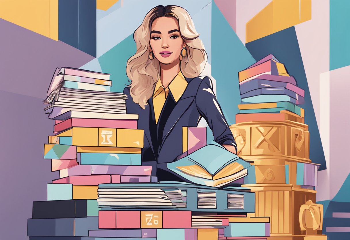 A stylish woman stands confidently with a stack of fashion magazines, a trophy, and a TikTok logo in the background, symbolizing her successful career and achievements