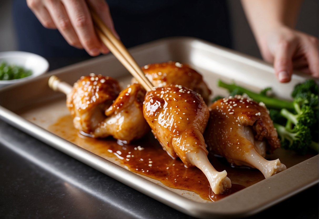 A chicken drumstick being coated in a flavorful Chinese marinade, then placed on a baking sheet lined with parchment paper before being baked to perfection