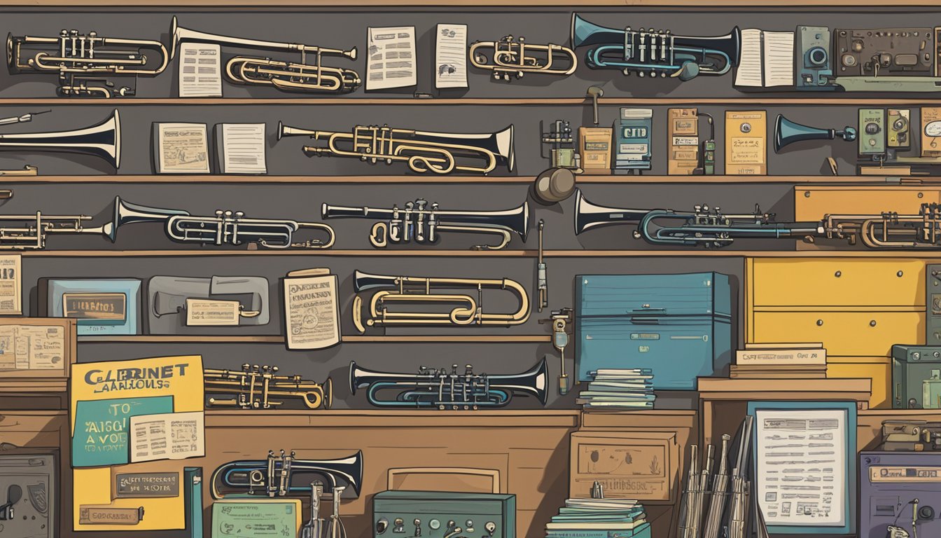 A cluttered music store display showcases popular clarinet brands, while a warning sign points to a section labeled "Brands to Avoid."