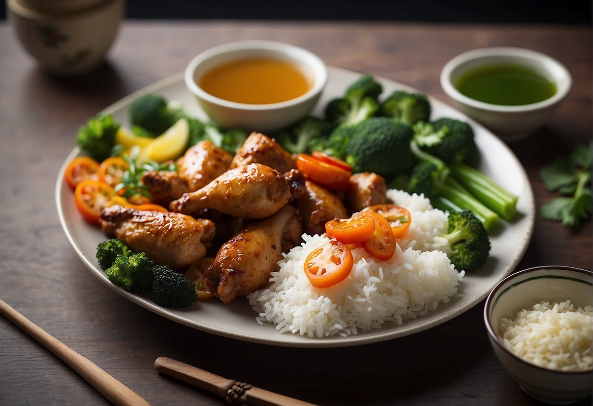 A plate of Chinese baked chicken drumsticks surrounded by colorful vegetables and herbs, with a side of steamed rice and a glass of green tea