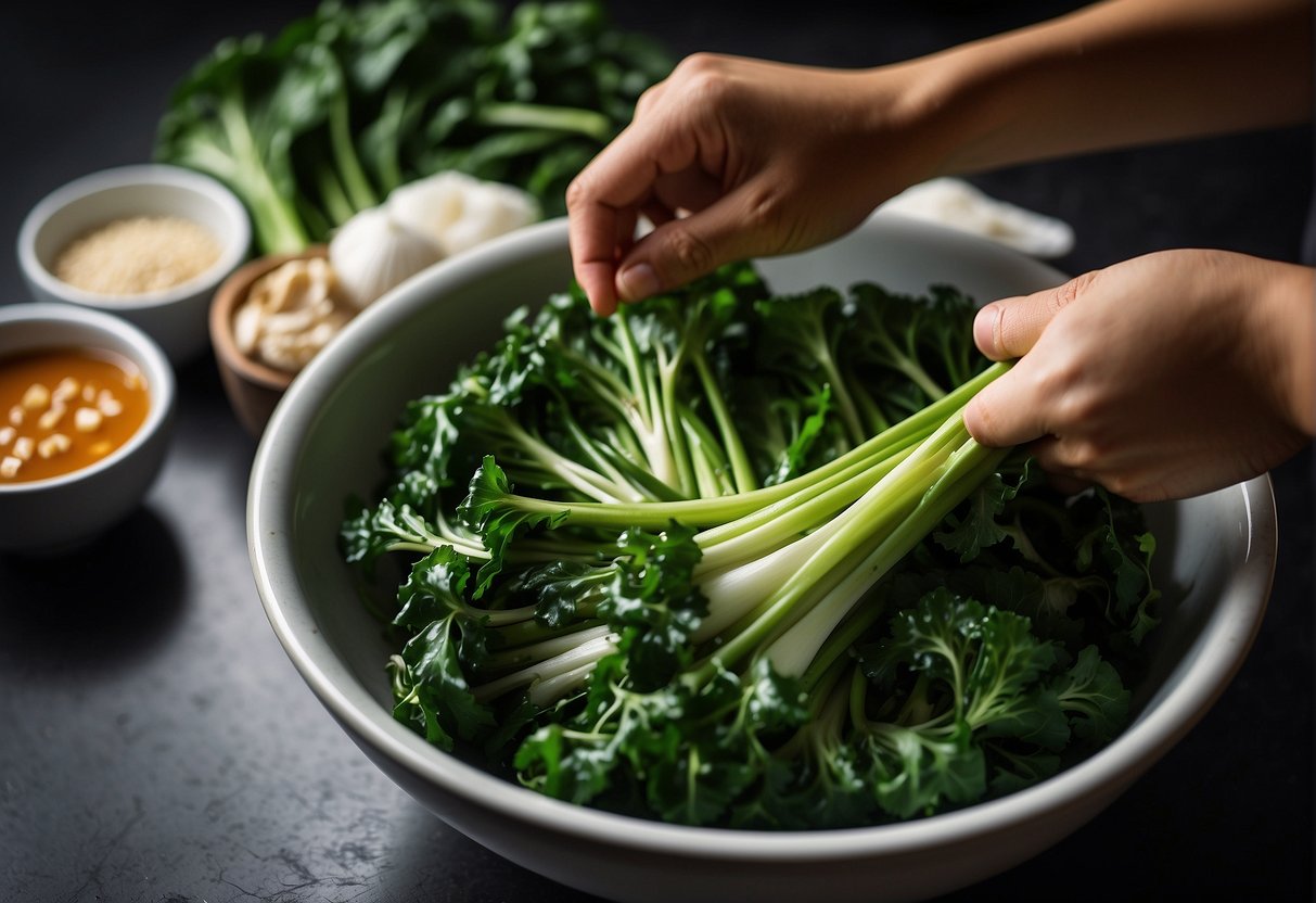 Choy sum being washed and trimmed, garlic being minced, and sauce ingredients being mixed in a bowl