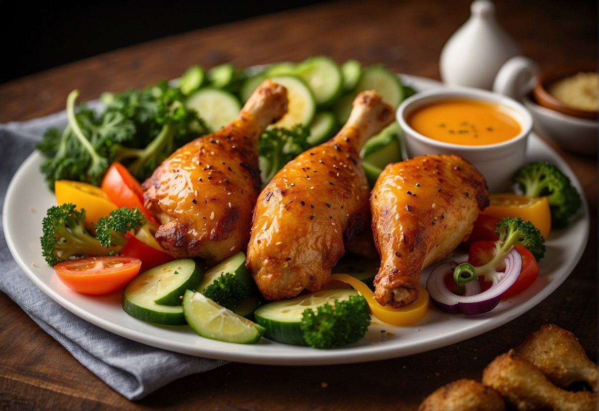 A platter of golden-brown baked chicken drumsticks surrounded by colorful vegetables and herbs, with a side of tangy dipping sauce