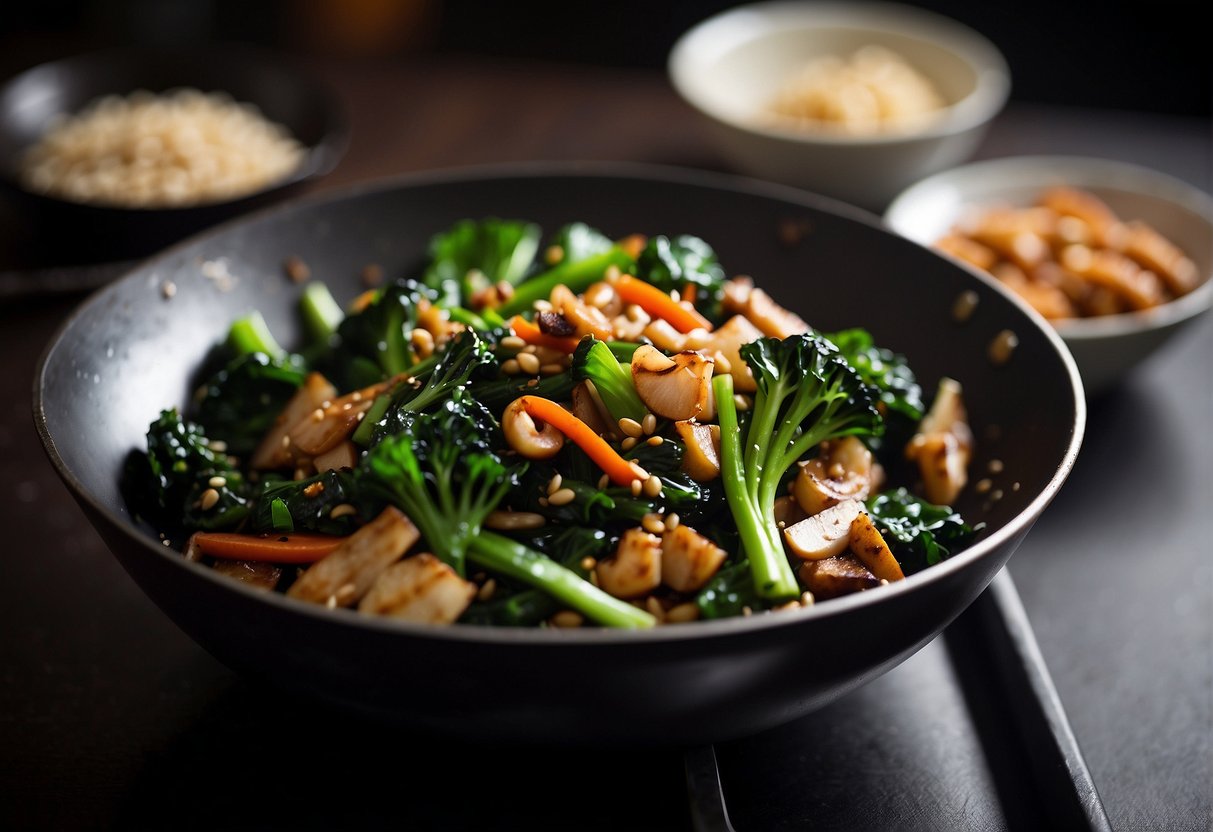 A wok sizzles as choy sum is stir-fried with garlic and soy sauce, creating a vibrant and aromatic Chinese dish