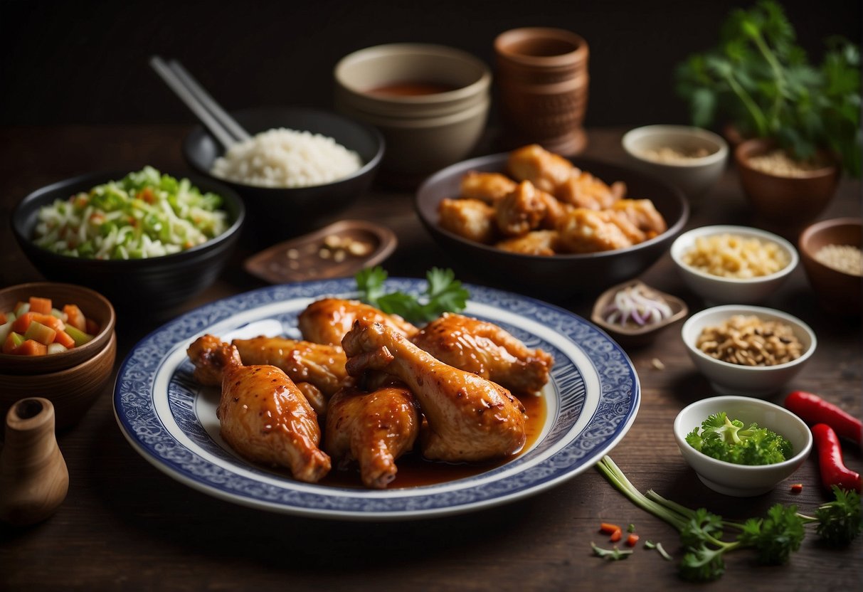 A plate of Chinese baked chicken drumsticks surrounded by ingredients and cooking utensils