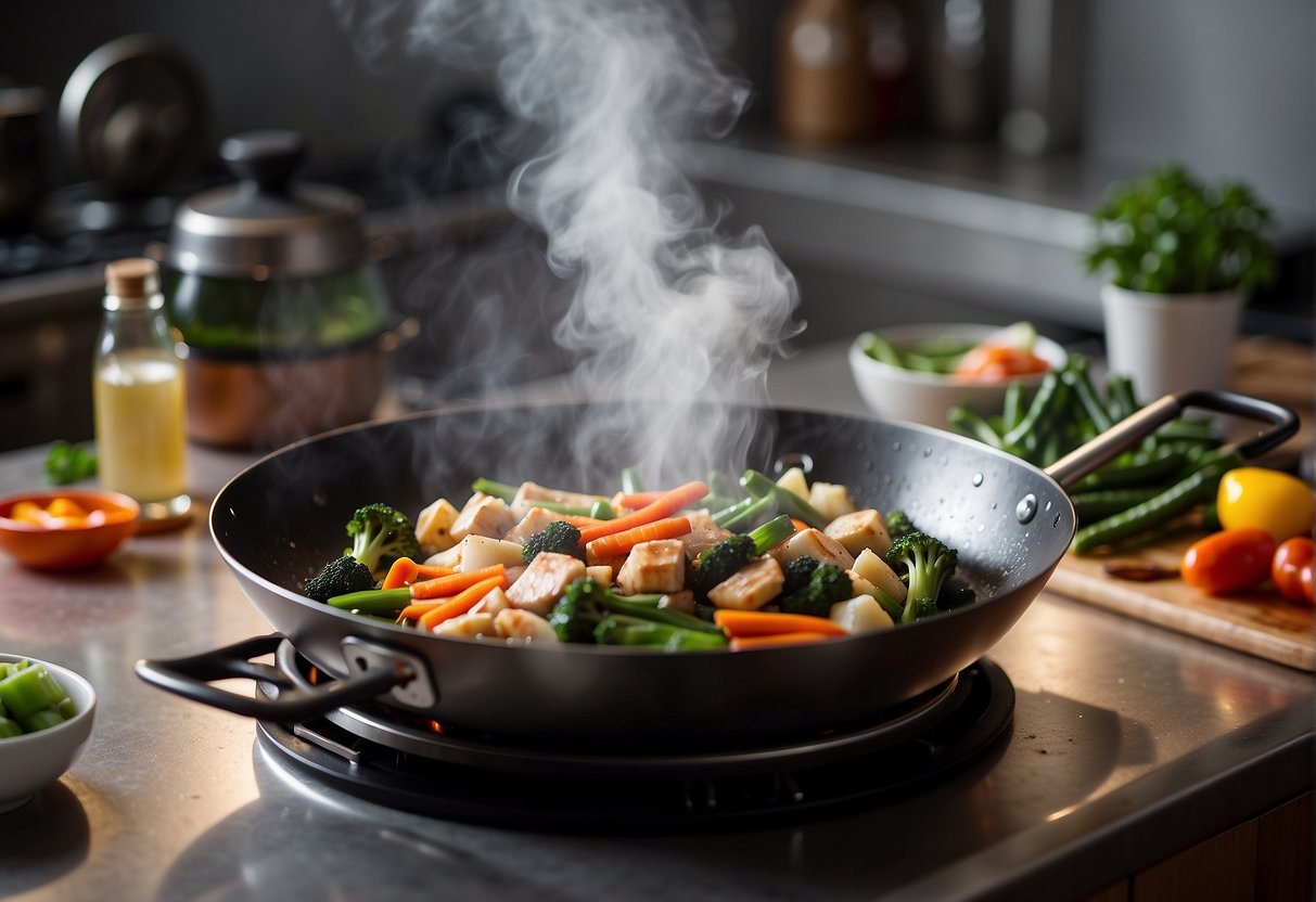 Ingredients sizzle in a wok as steam rises. A pot simmers on the stove while a bamboo steamer releases fragrant aromas