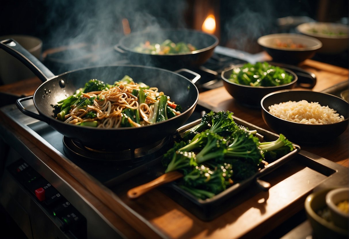 A wok sizzles as choy sum is stir-fried with garlic and soy sauce. A serving platter and storage containers are nearby