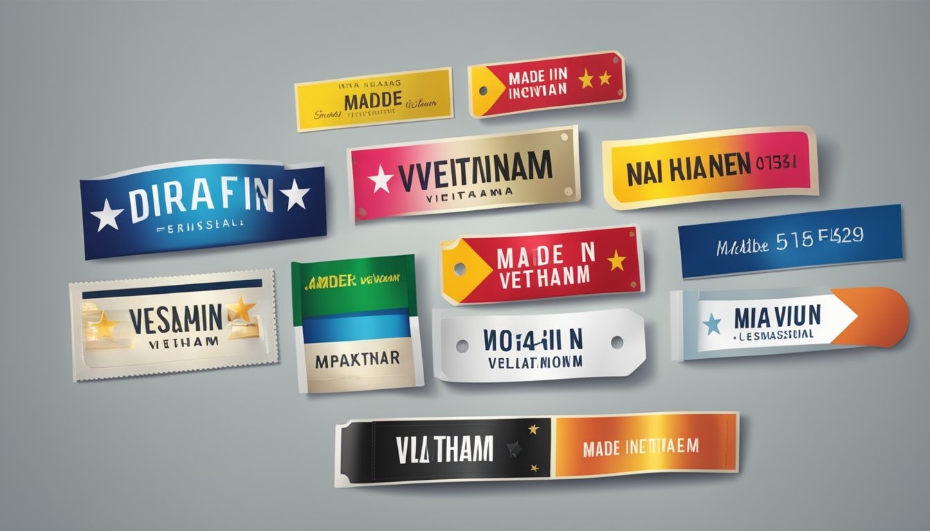 A row of colorful clothing labels with "Made in Vietnam" displayed prominently