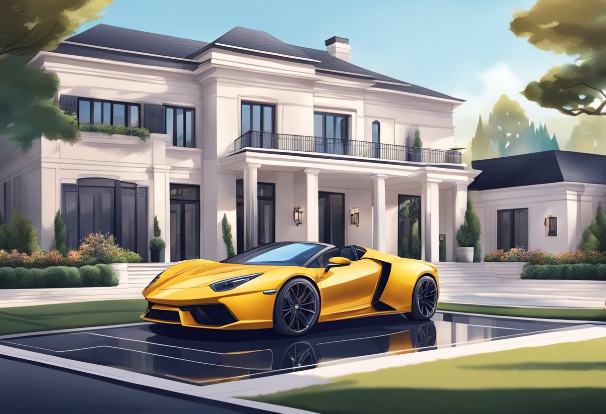 A luxurious mansion with designer fashion, expensive jewelry, and a sleek sports car parked in the driveway. TikTok videos and social media posts on display