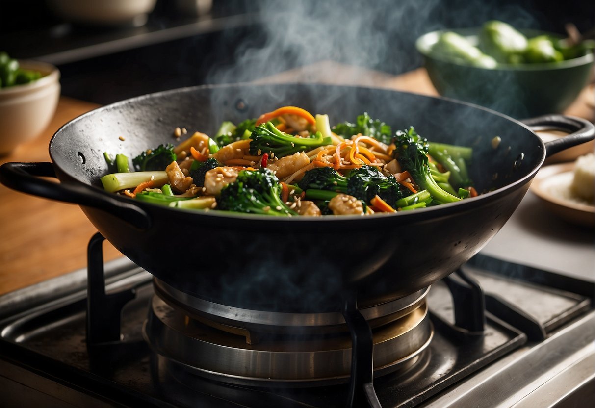 A wok sizzles as choy sum is stir-fried with garlic, ginger, and soy sauce. Steam rises, filling the kitchen with savory aromas