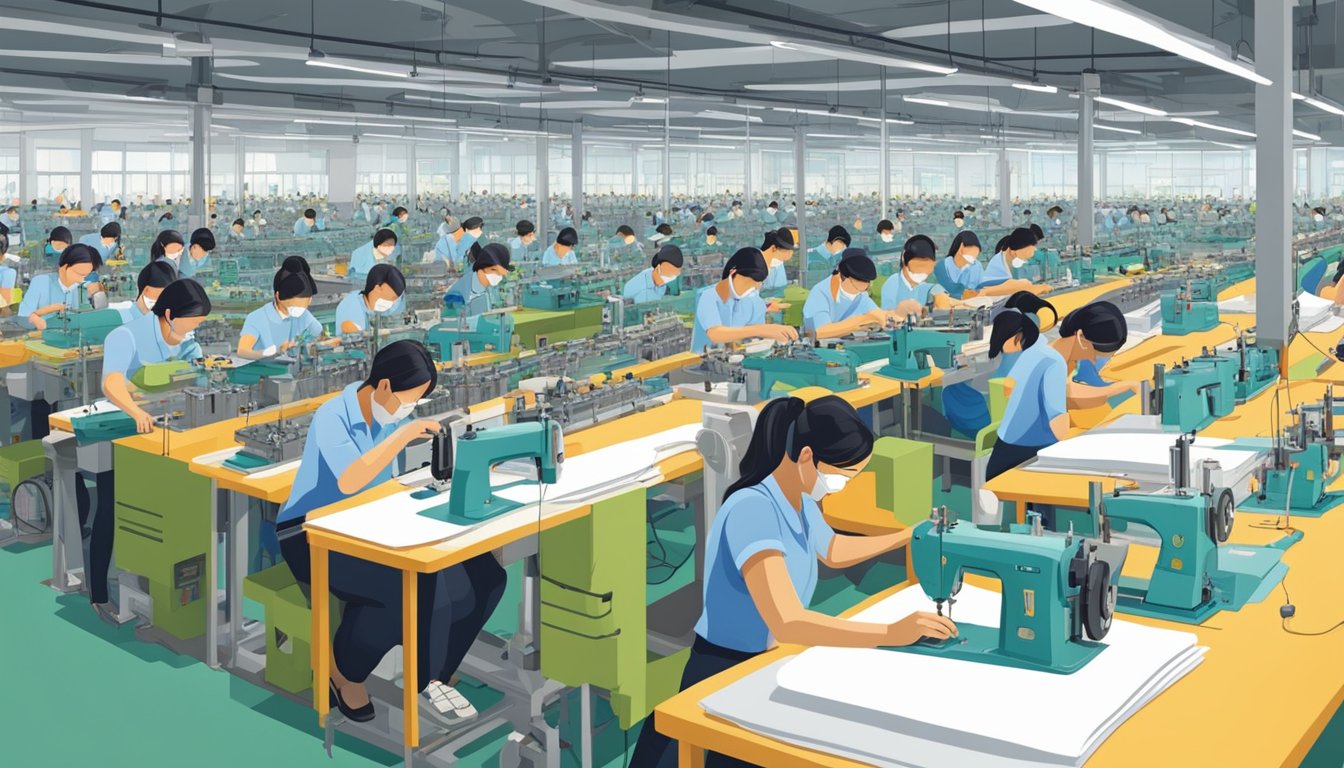 A bustling factory floor in Vietnam, with rows of sewing machines and workers producing clothing for international brands