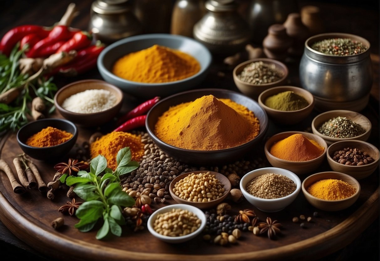 A table filled with exotic spices, herbs, and colorful ingredients, with a hint of traditional Chinese cooking utensils and a recipe book open to Christine's unique flavors