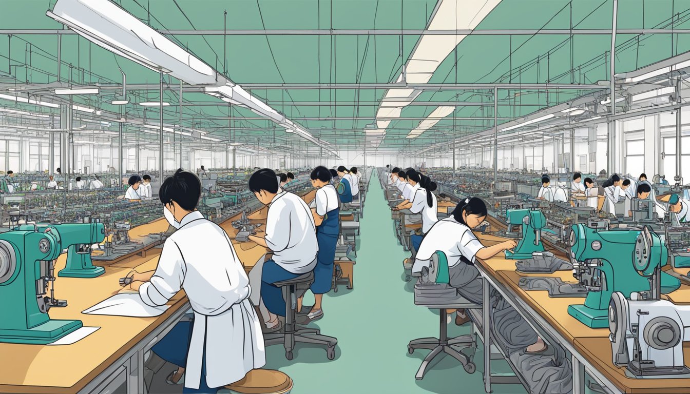 A bustling factory floor in Vietnam, with rows of sewing machines and workers producing clothing for notable brands and products