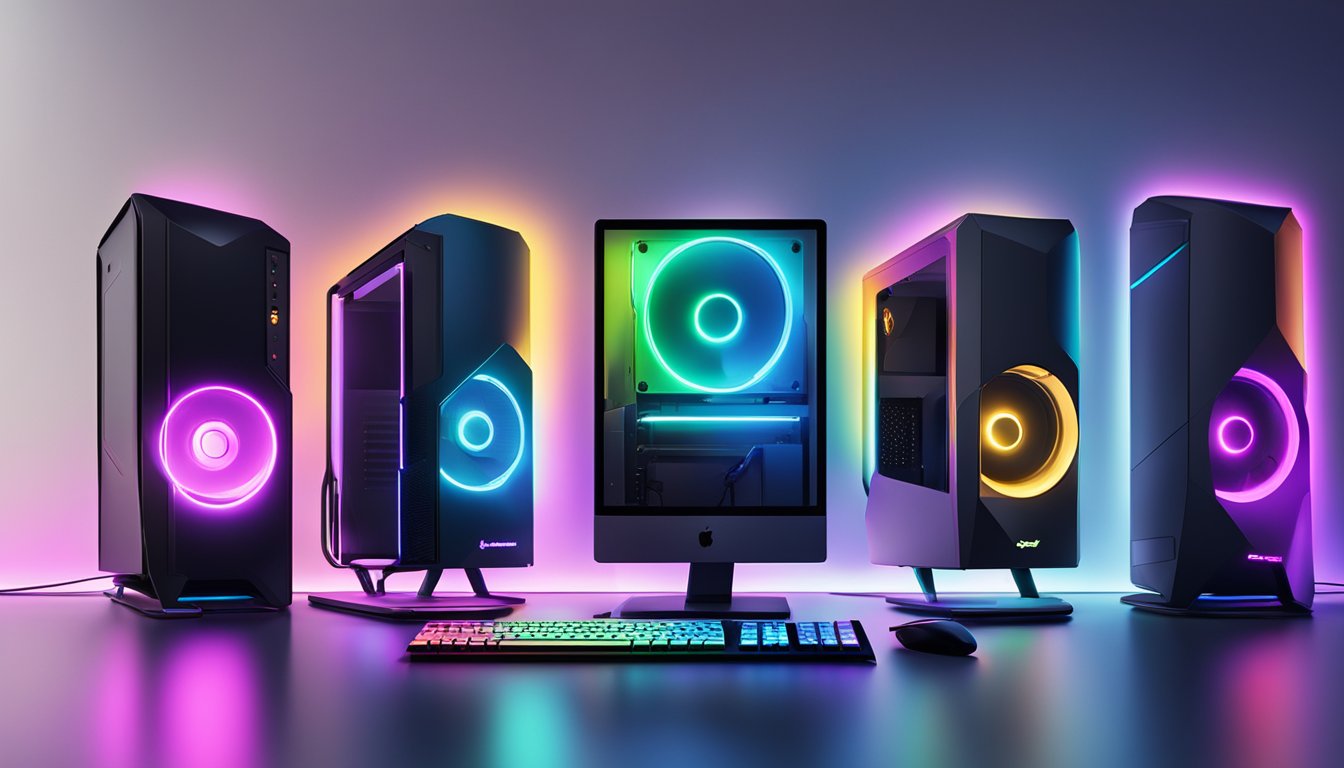 A row of gaming PCs from top brands, glowing with vibrant LED lights, sit on sleek desks in a dimly lit room