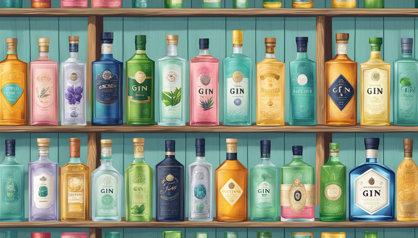 Bottles of various gin brands arranged on a wooden shelf, with colorful labels and unique designs