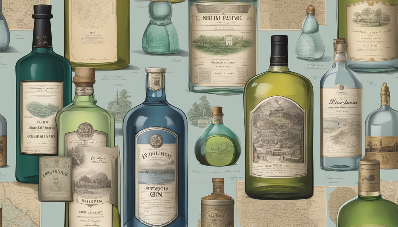 A display of antique bottles and labels, with maps and historical documents, showcasing the origins of gin brand names