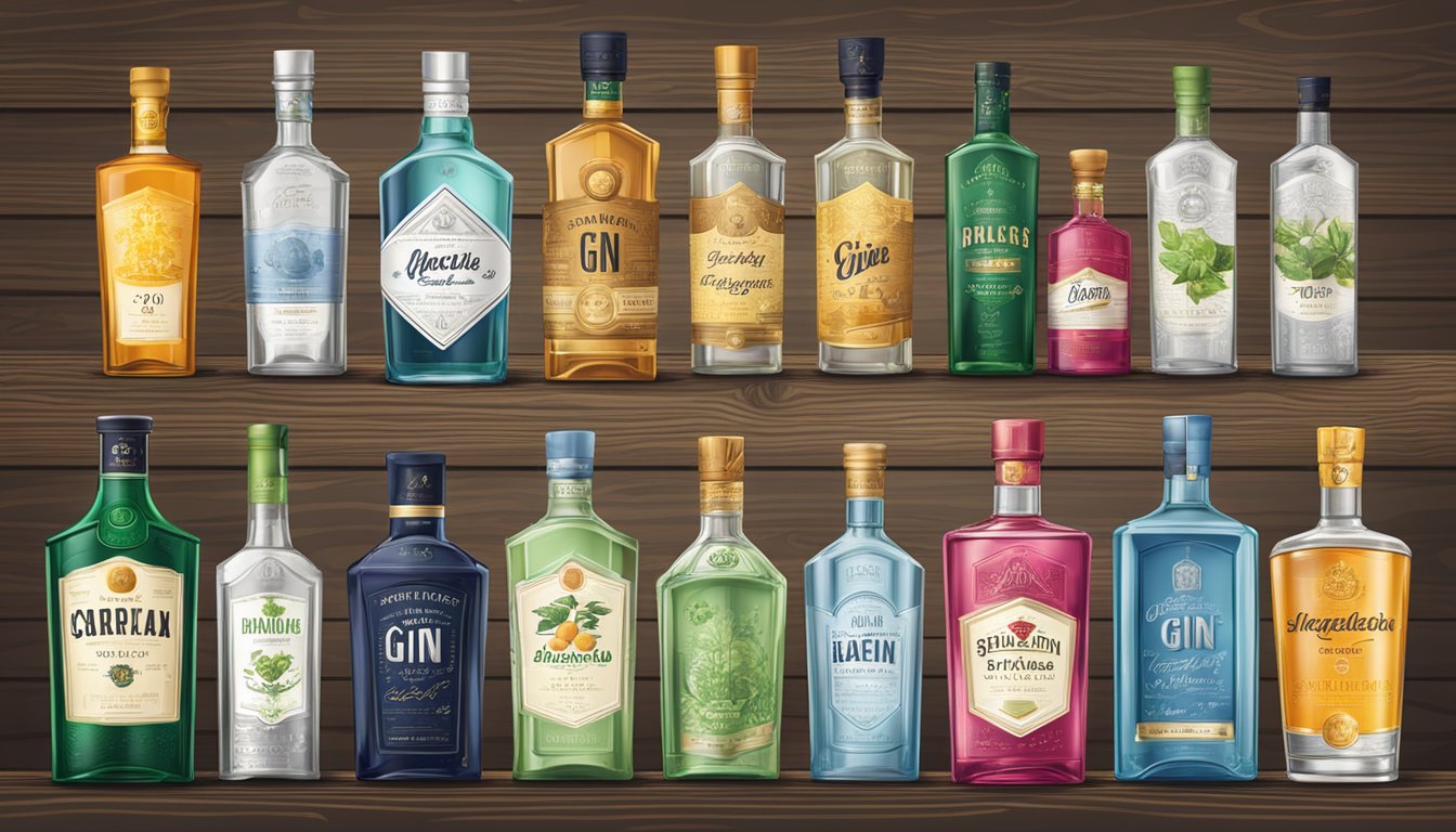 A variety of gin bottles arranged on a wooden table, each with distinct brand names and labels