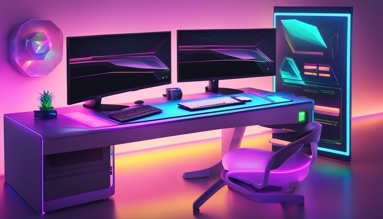A sleek, modern desk with top gaming PC brands displayed on the monitor and keyboard. RGB lighting illuminates the setup, creating a vibrant and futuristic atmosphere