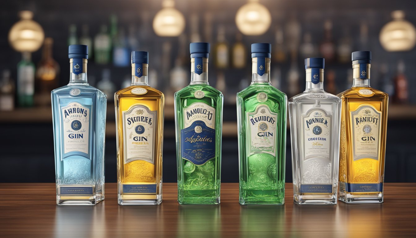 A row of iconic gin bottles stands on a polished bar, each label displaying a famous gin brand name