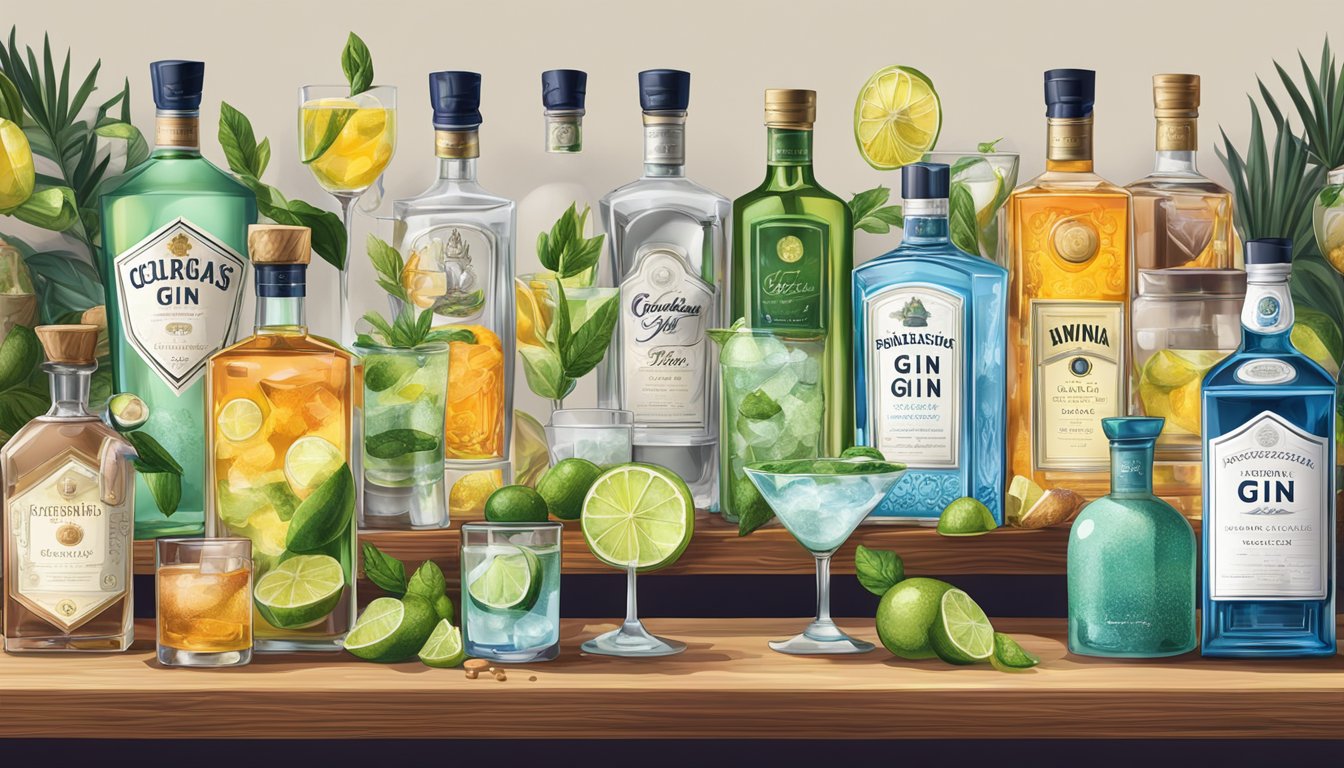 A variety of gin bottles arranged on a bar, surrounded by cocktail ingredients and glassware