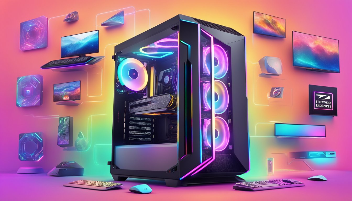 A gaming PC with top brand logos, running high-performance games, surrounded by RGB lighting and a sleek, futuristic design