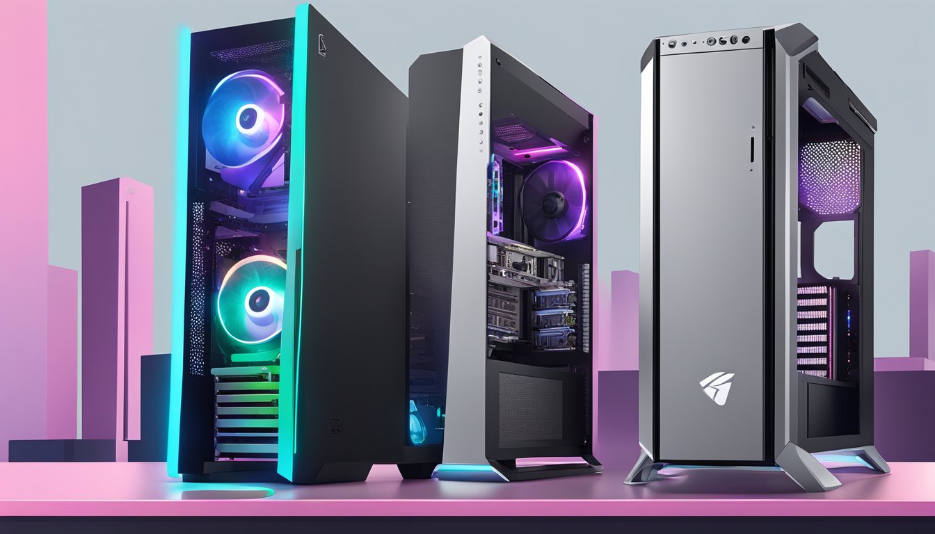 A towering building stands opposite a display of prebuilt gaming PC brands, showcasing their sleek designs and powerful components
