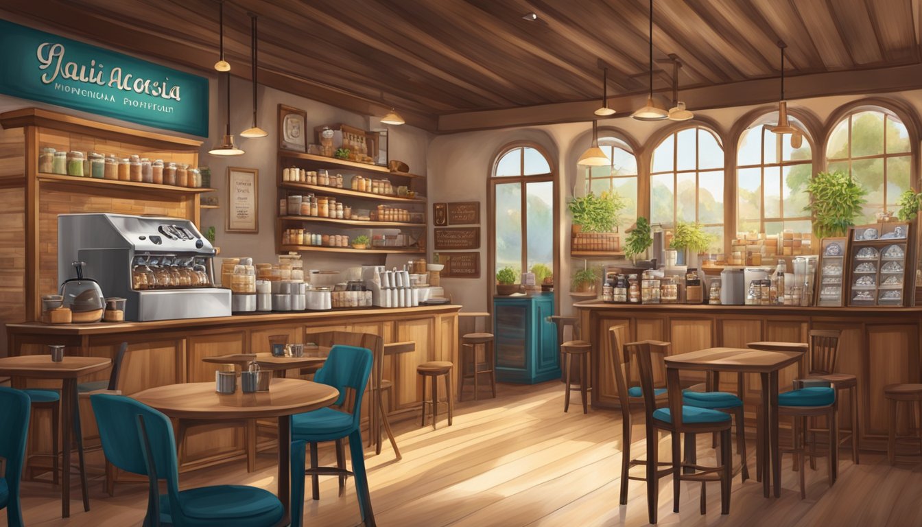 A cozy coffee shop with a variety of coffee brands on display, with a warm and inviting atmosphere in the town of Latsia