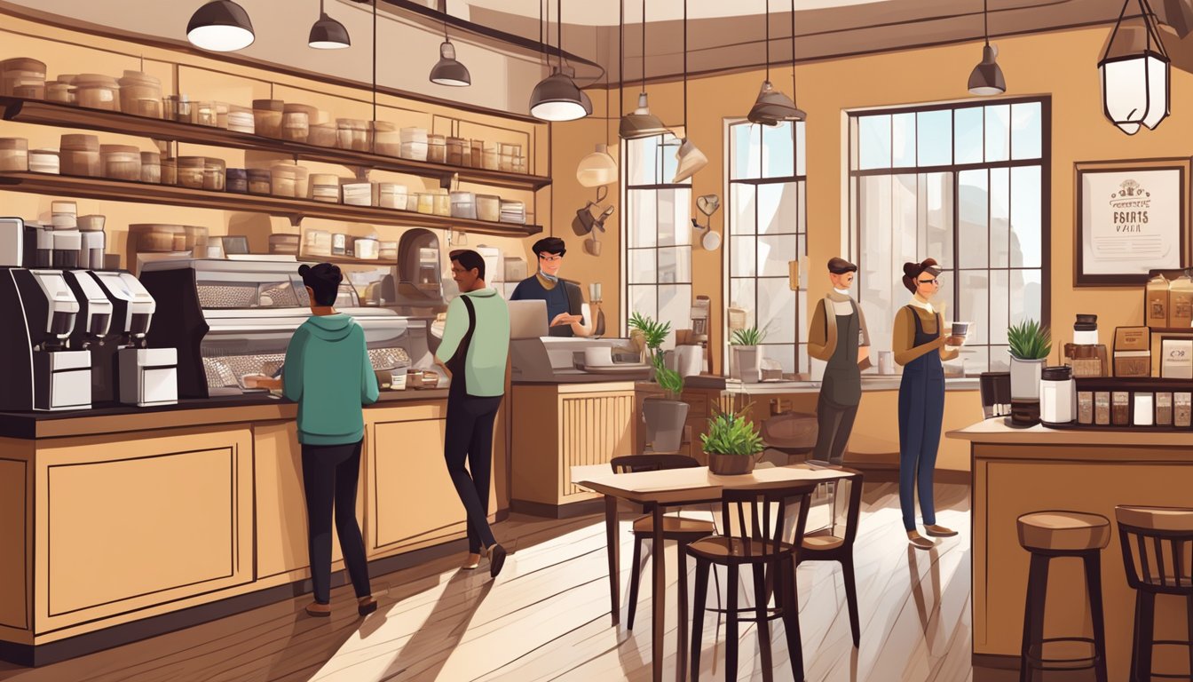 A cozy coffee shop with modern decor, friendly baristas, and a display of freshly roasted coffee beans. Customers enjoy their drinks while chatting or working on laptops