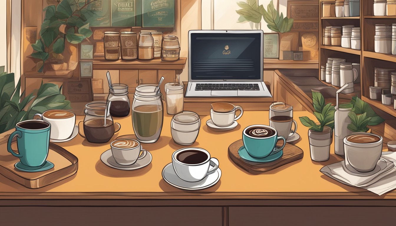 A table with various coffee brands displayed, surrounded by cozy cafe decor