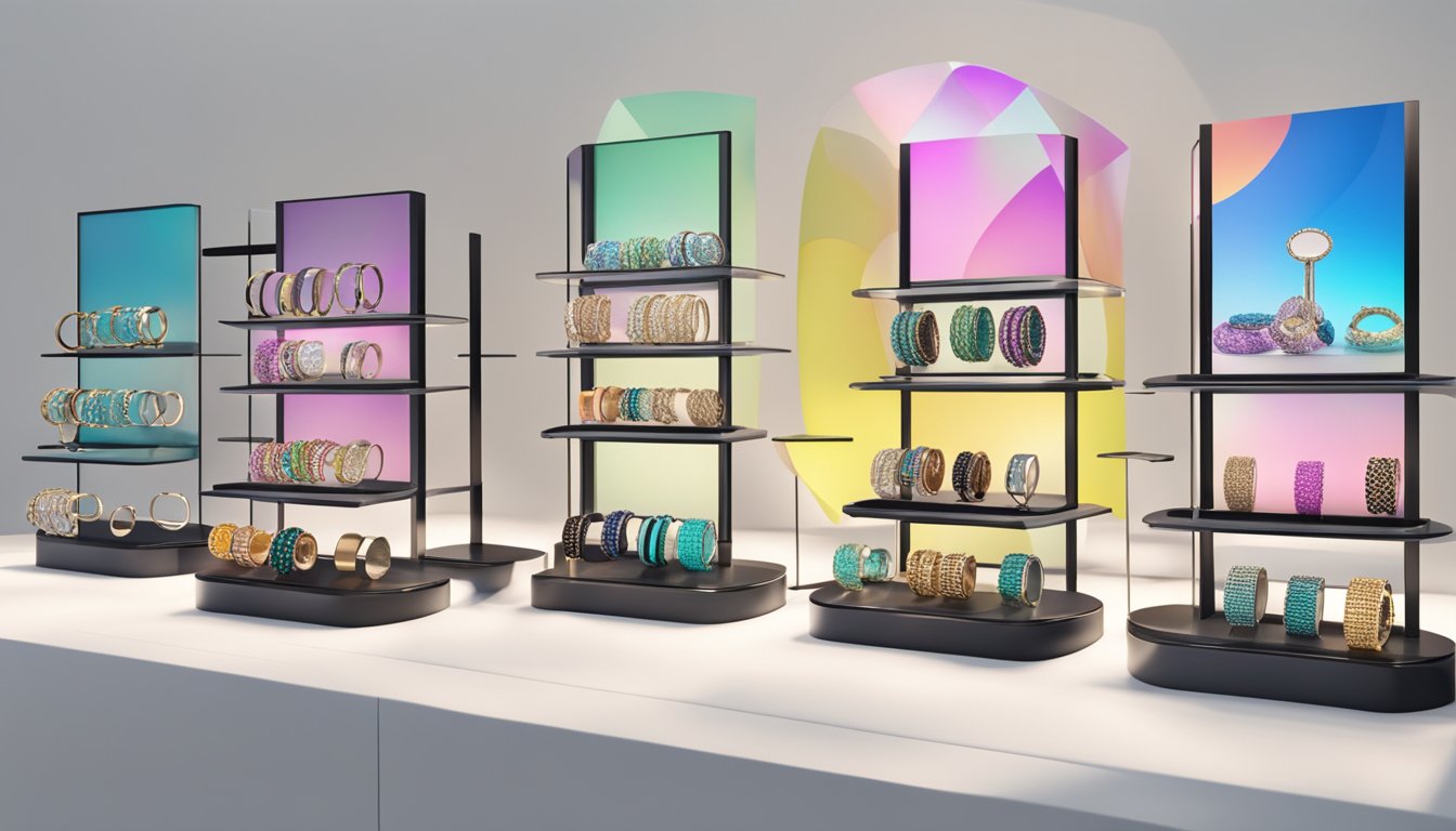 Various trendy bracelet brands displayed on a sleek, modern jewelry stand. Bright colors and unique designs catch the eye