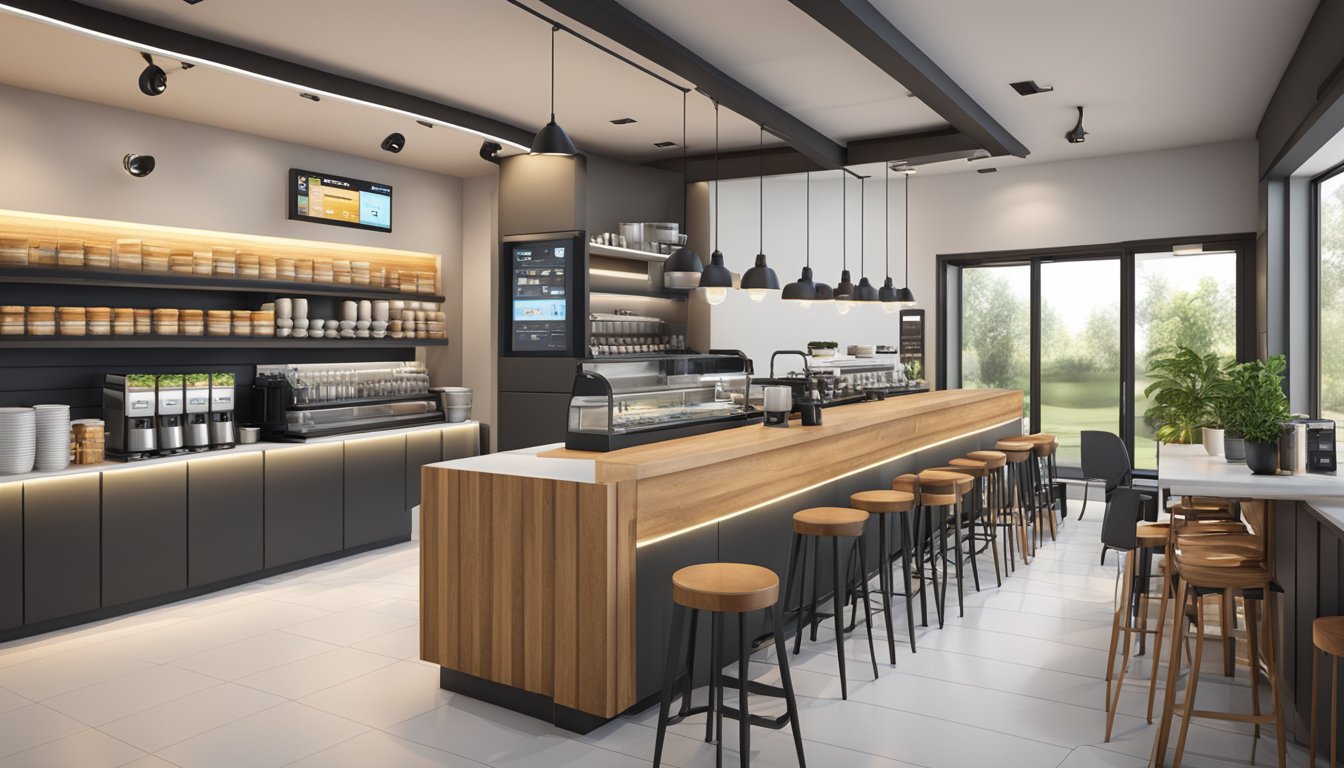 A modern coffee shop with branded cups and machines at Convenient Coffee Solutions in Latsia